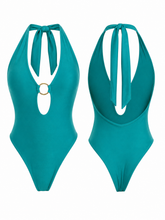 “CARACOLES” TEAL ONE PIECE HALTER SWIMSUIT