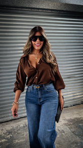 “OLIVIA” COLLARED BUTTON DOWN SILKY SHIRT