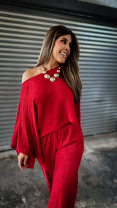 “LINA” KIMONO TOP AND WIDE LEG PANT SET RED