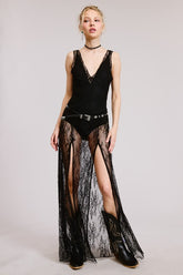 “LEAH” VNECK BODYSUIT WITH SHEER LACE MAXI DRESS
