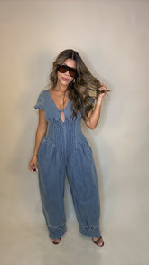“HAILEY” DENIM BARREL JUMPSUIT