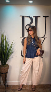 “LUNA” DENIM COLLARED SLEEVELESS PEPLUM TOP