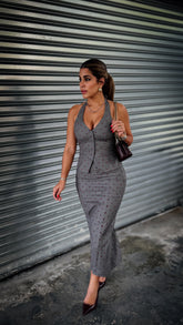 “ELENA” POLKA DOT HALTER NECK TOP WITH MIDI SKIRT