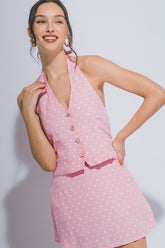 “DAPHNE” POLKA DOT HALTER VEST TOP AND MINI SKORT SET