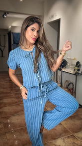 “SUNDAY” STRIPED DENIM TOP AND BARREL PANT SET
