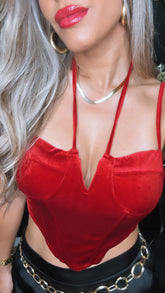 “MERRY” VELVET HALTER NECK CROP TOP RED
