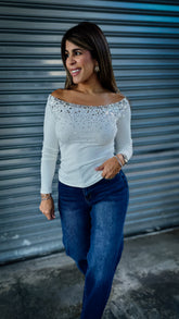 “VIXY” OFF SHOULDER SEQUIN DETAIL LONG SLEEVE TOP