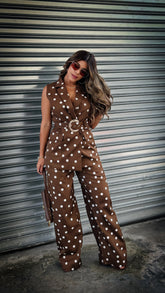 “ELIZA” POLKA DOT BELTED VEST AND PANT SET