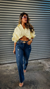 “NINA” ROUCHED SLEEVE COLLAR TOP BLUE AND YELLOW