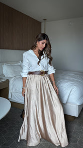 “DIANNA” A LINE MAXI SILK SKIRT WITH BELT