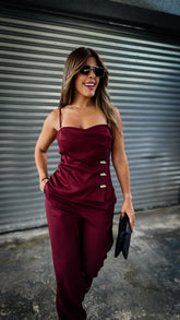 “AMELIA” VEST TOP AND WIDE LEG PANT SET WINE