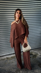 “LINA” KIMONO TOP AND WIDE LEG PANT SET BROWN
