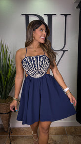 “CONCHITA” APLIQUE SEASHELL CROSS BACK FLARE MINI DRESS