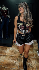 “JULIETA” PLEATED LEATHER SHORTS WITH LACE DETAIL