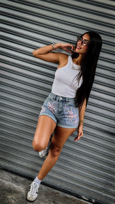 “POPPY” EMBELLISHED DENIM SHORT