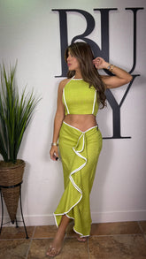 “INARU” HALTER TOP AND MIDI SKIRT WITH RUFFLE DETAIL SET