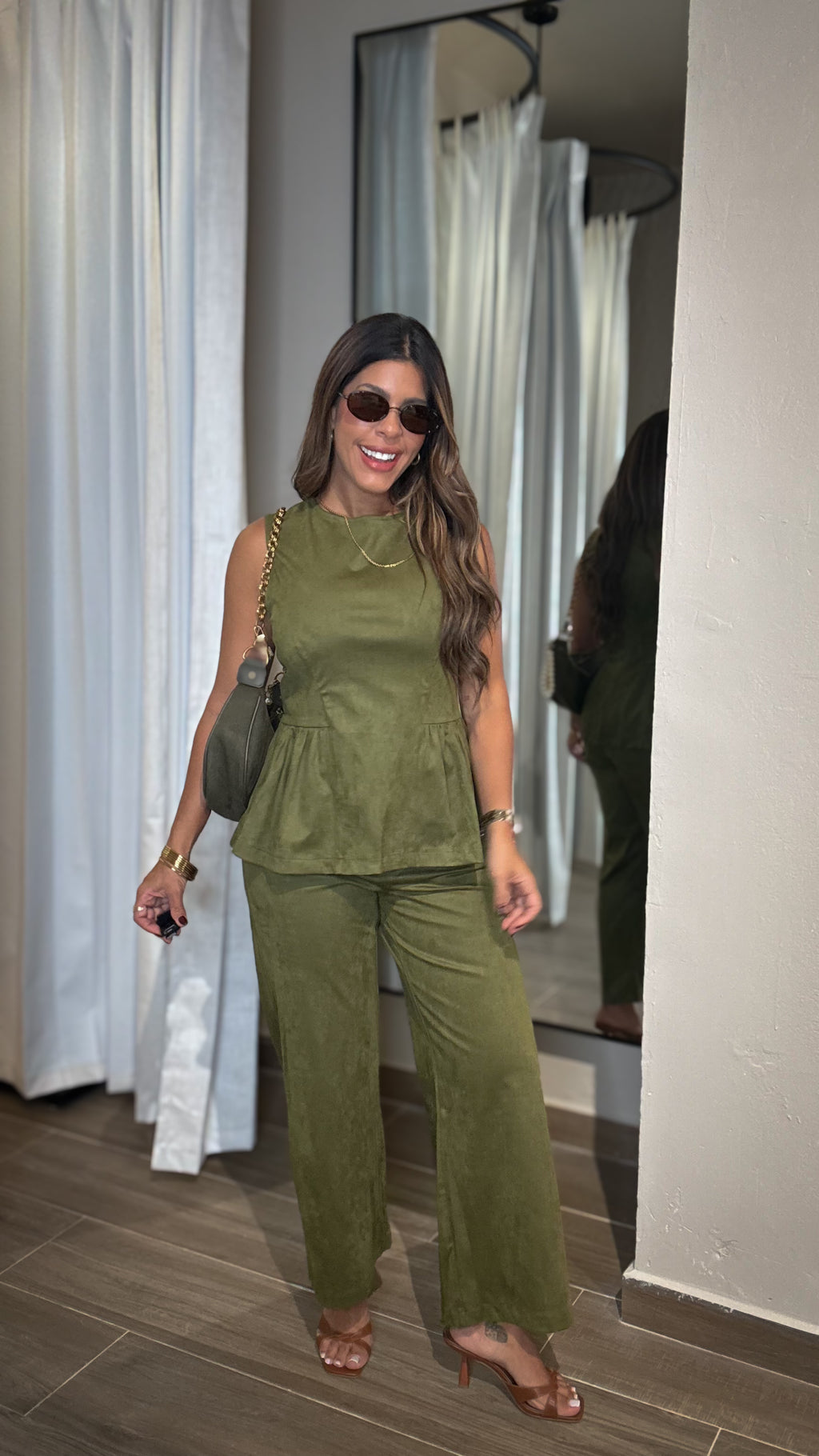 “VIVIANNE” FAUX SUEDE HIGH WAIST CROPPED PANTS AND SLEEVELESS PEPLUM TOP SET