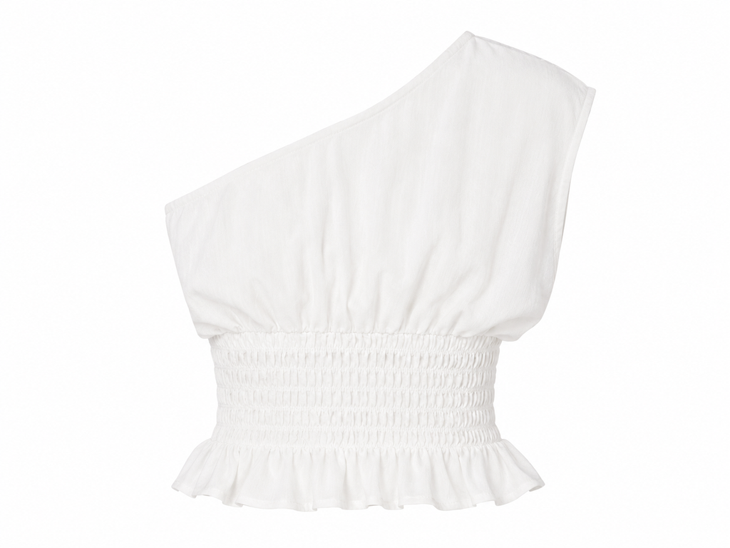 “PIPER” ASYMMETRICAL OFF SHOULDER SMOKING WAIST LINEN TOP