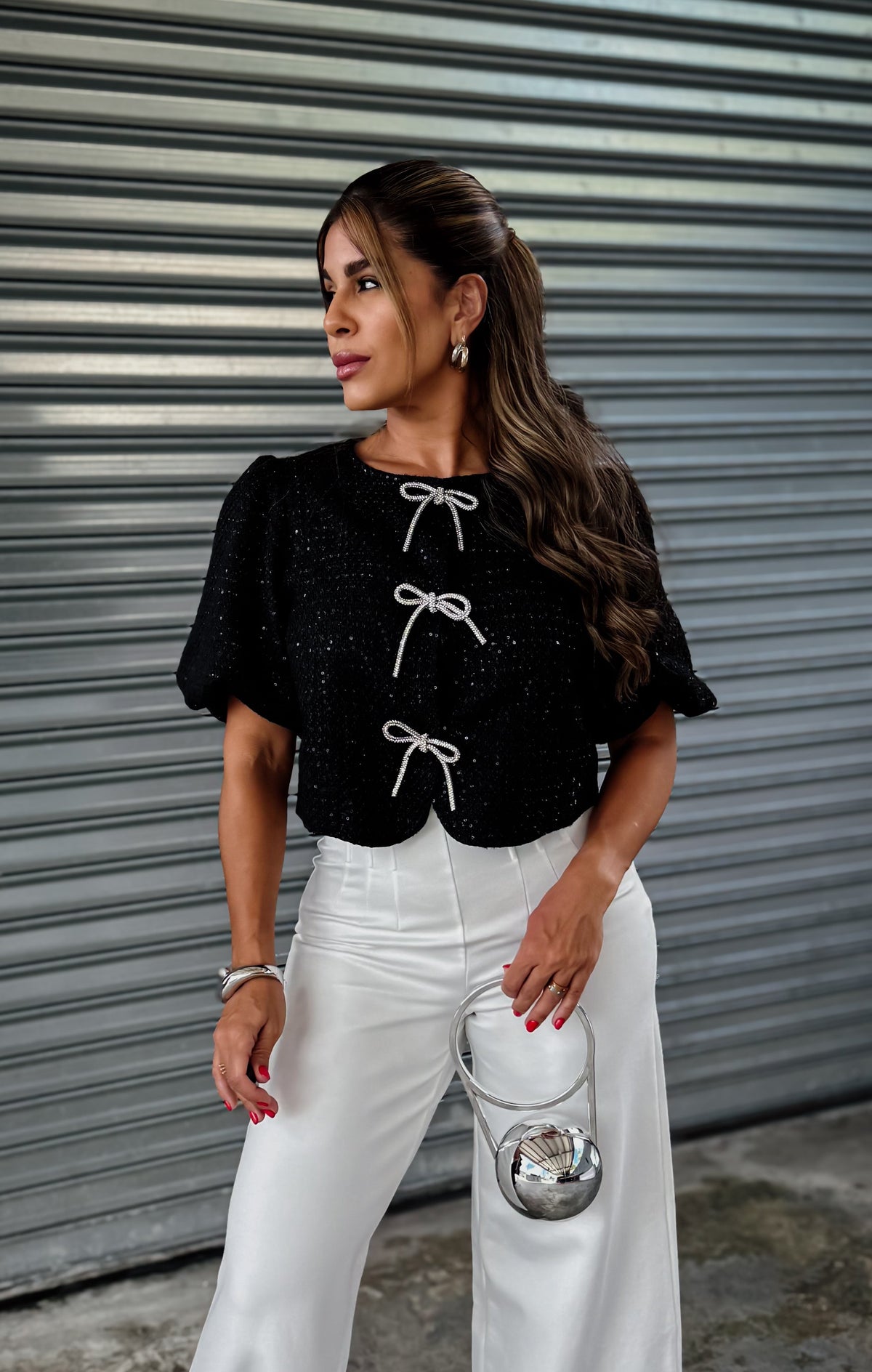 “LESLIE” TWEED CROP TOP WITH JEWEL BOWS