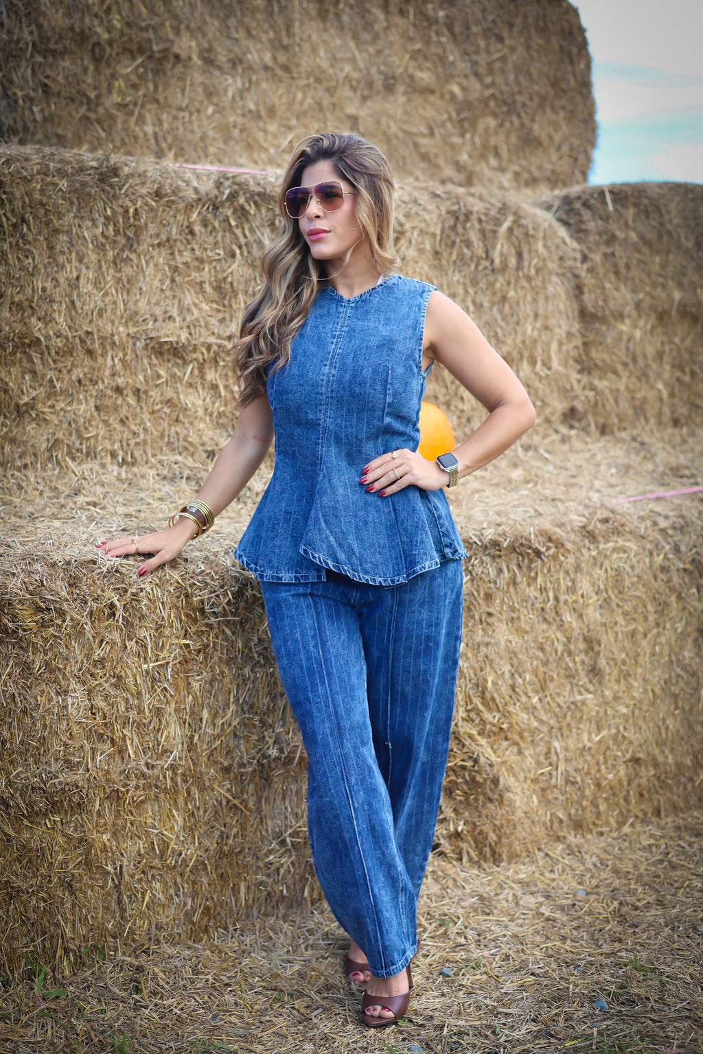 “ZURI” STRIPED DENIM PEPLUM TOP AND BARREL PANTS
