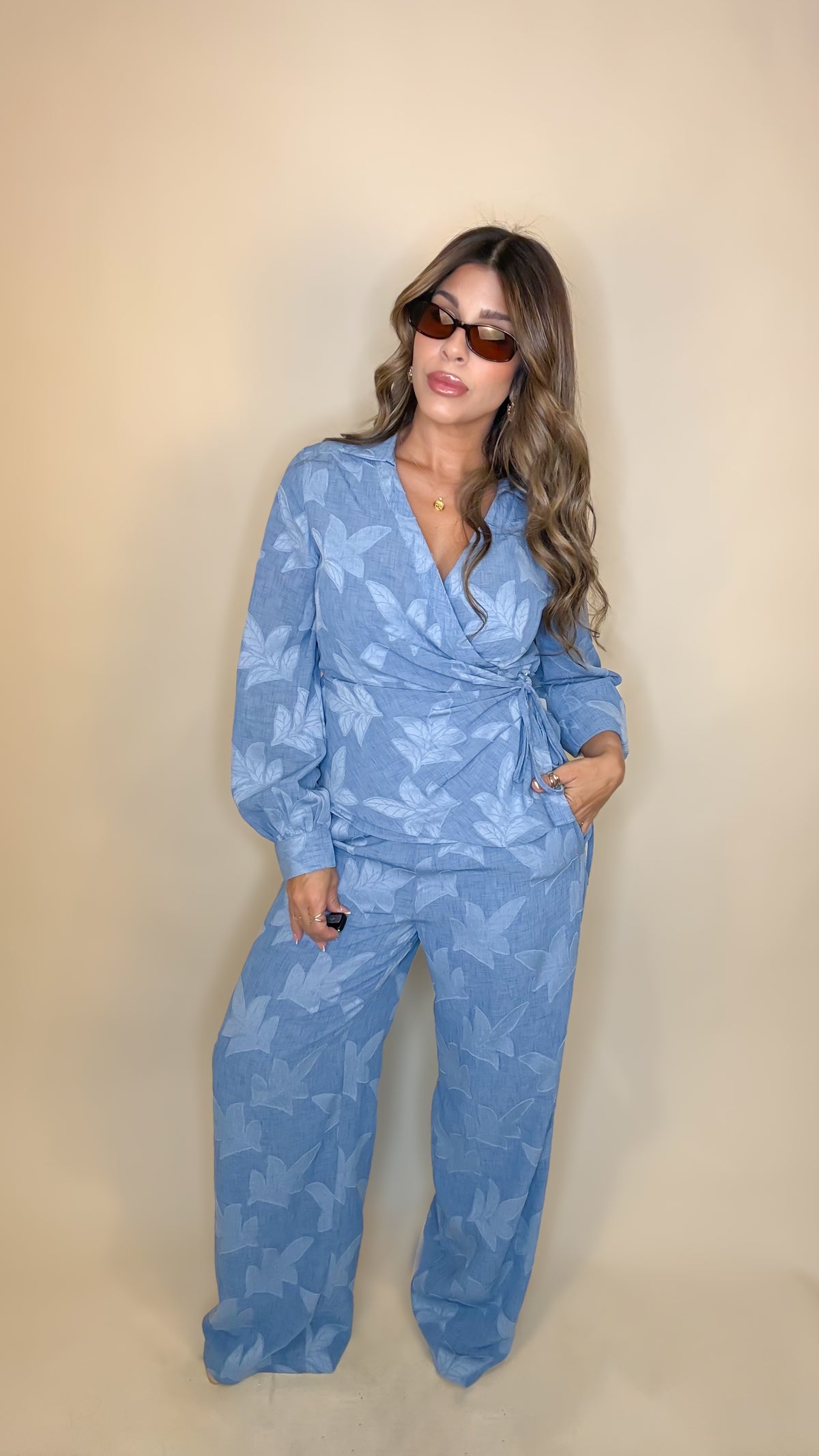 “ELENA” WRAP COLLARED TOP AND WIDE LEG PANT SET