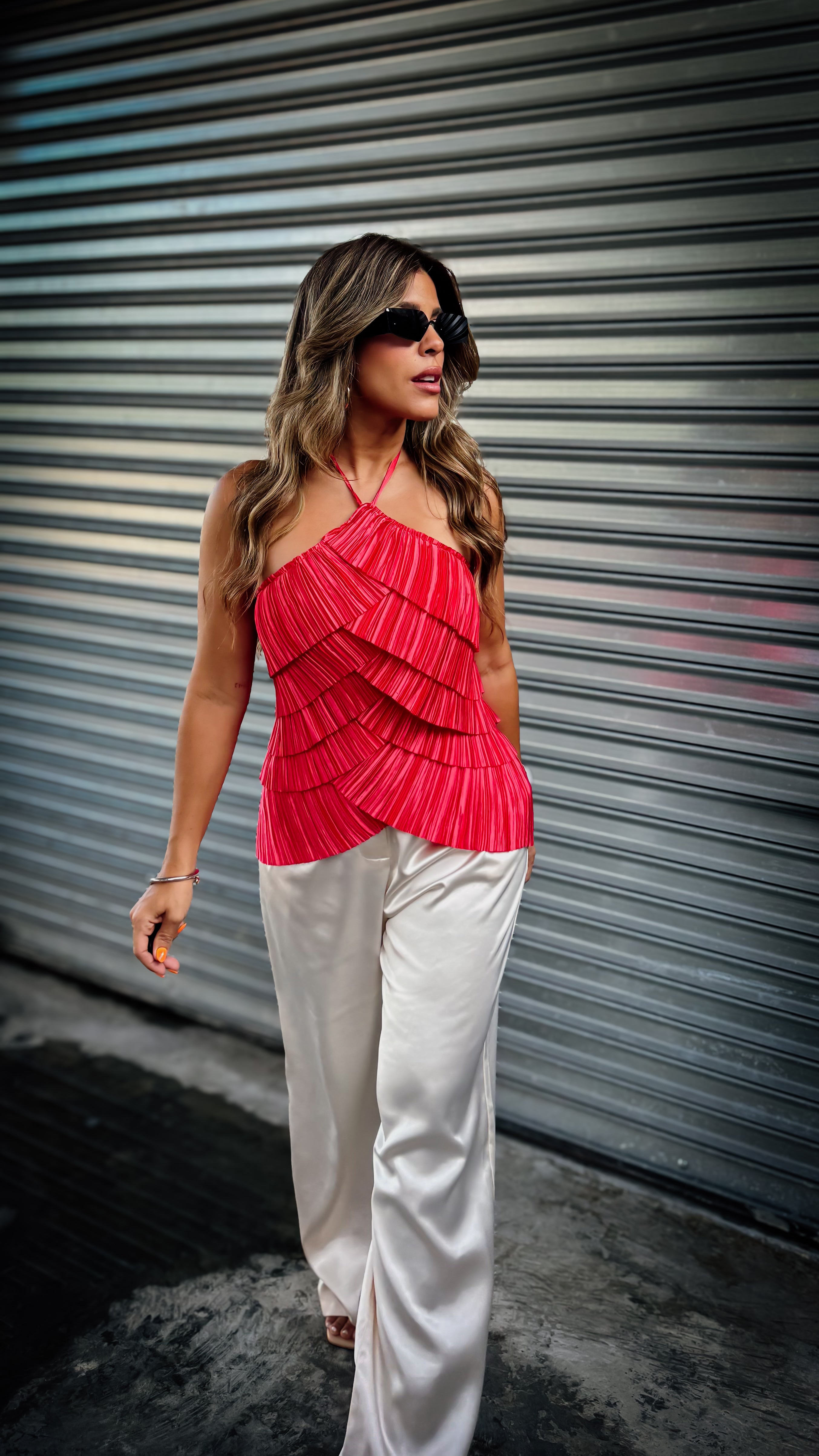 “ANDREA” PLEATED LAYERED HALTER TOP
