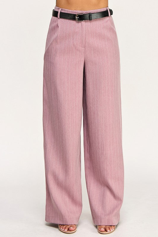 “KATE” BELTED PIN STRIPE TROUSER