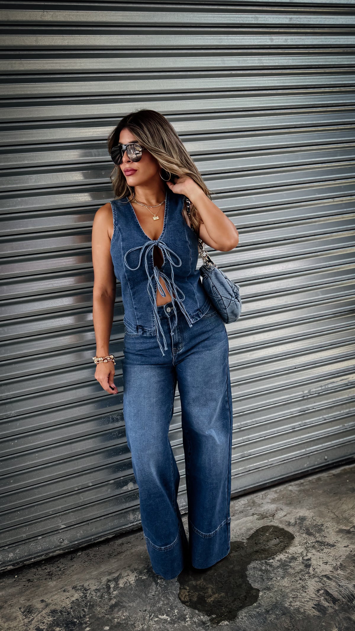 “HAZEL” DENIM VEST AND WIDE LEG PANT SET