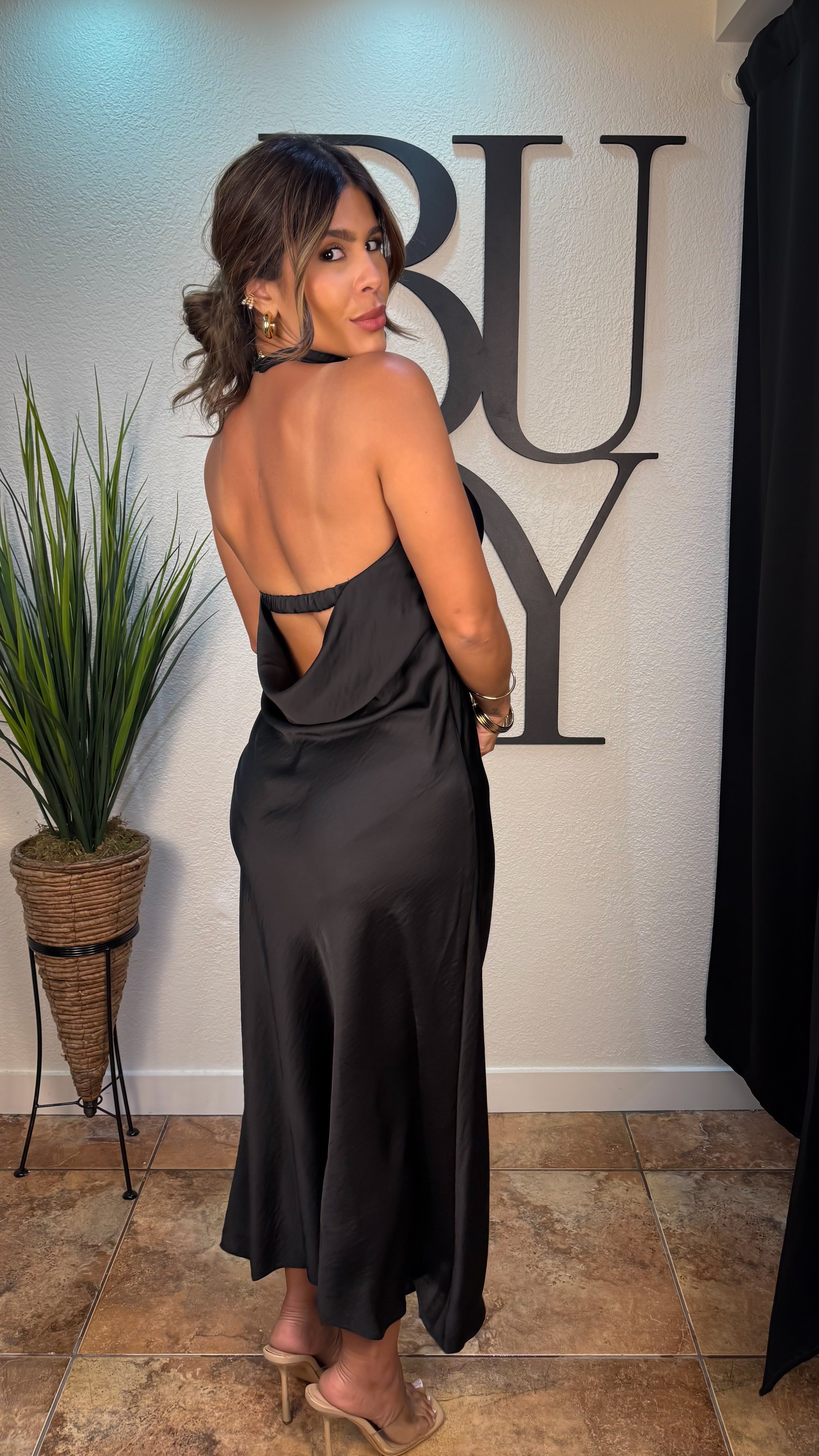 “ALMA” COWL NECK OPEN BACK FLARE MINI DRESS