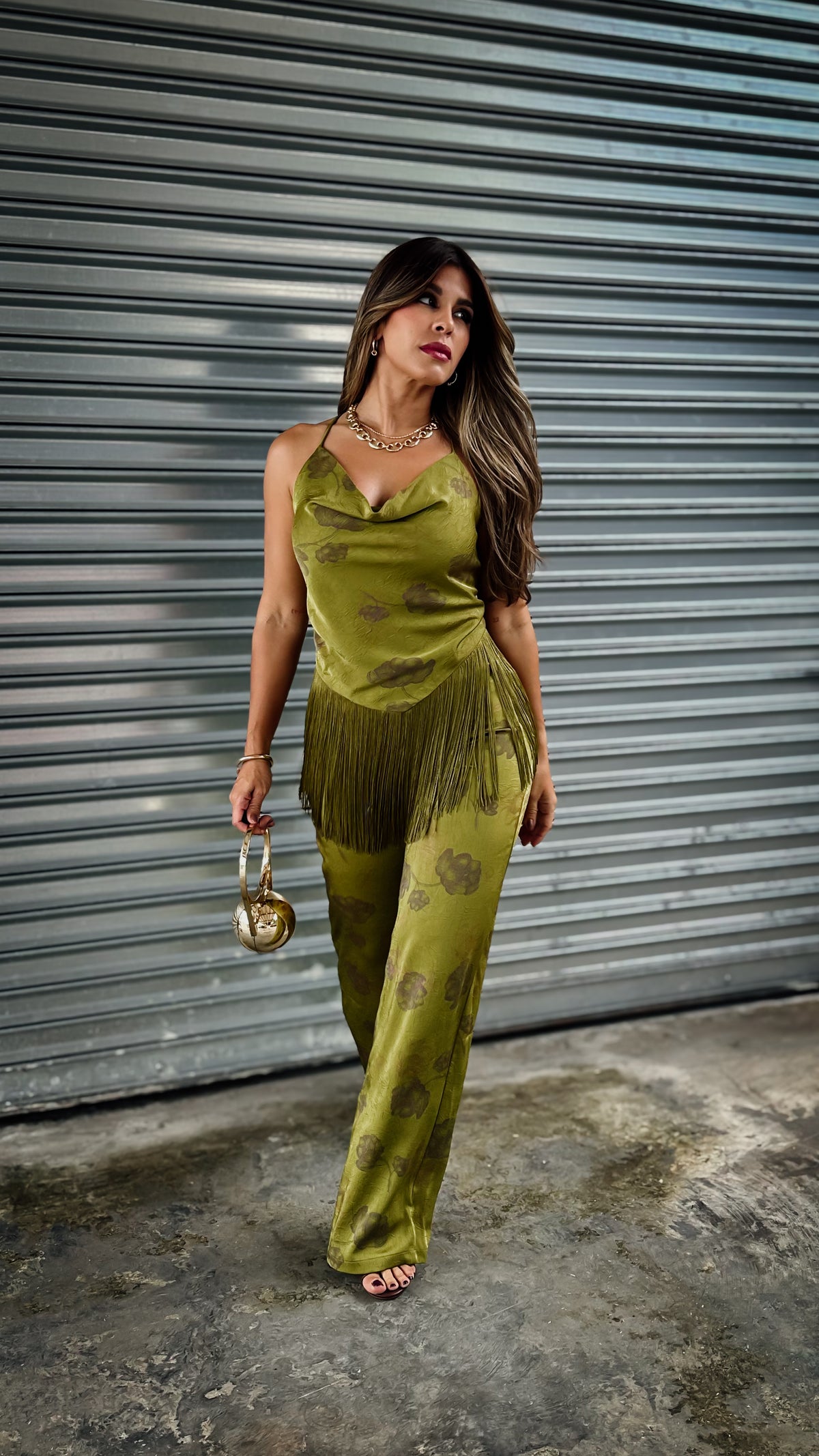 “JADE” COWL NECK WITH FRINGE TOP AND PANT SET