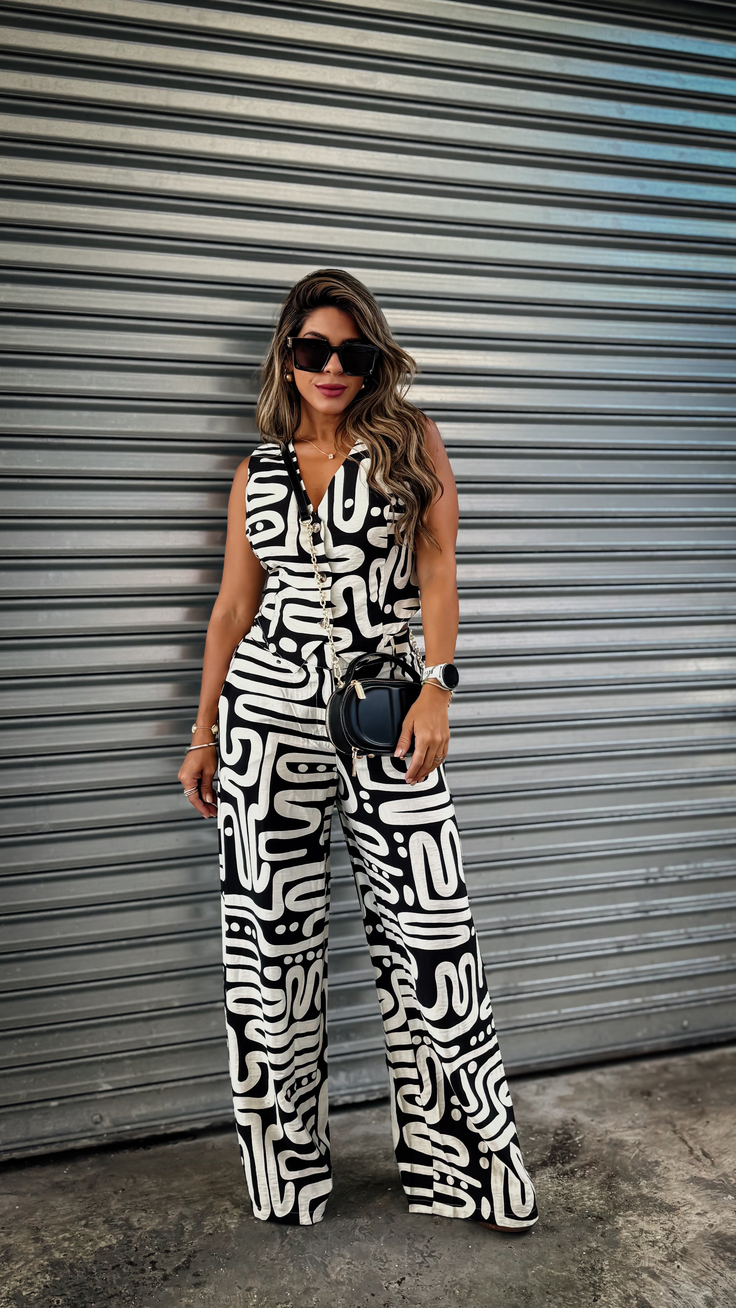 “TIFFANI” PRINTED VEST AND PANTS SET NOIR