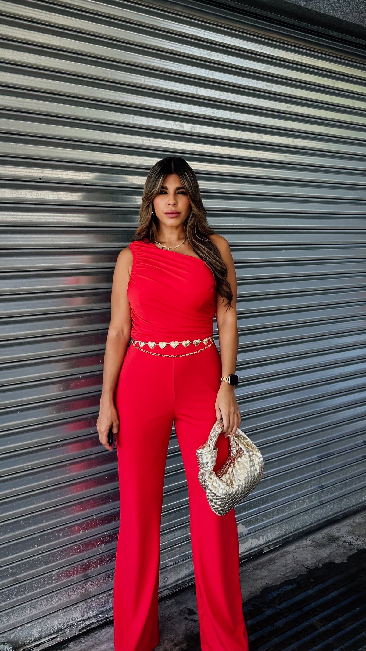 “ISA” ONE SHOULDER JUMPSUIT RED