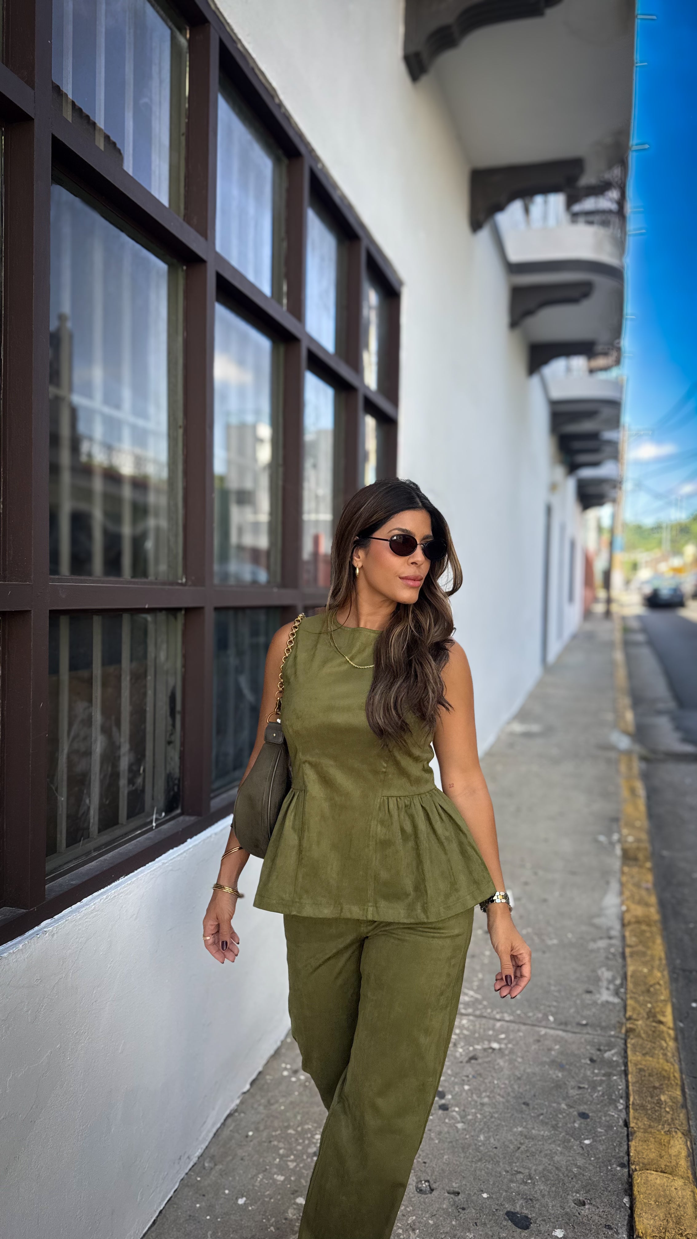 “VIVIANNE” FAUX SUEDE HIGH WAIST CROPPED PANTS AND SLEEVELESS PEPLUM TOP SET