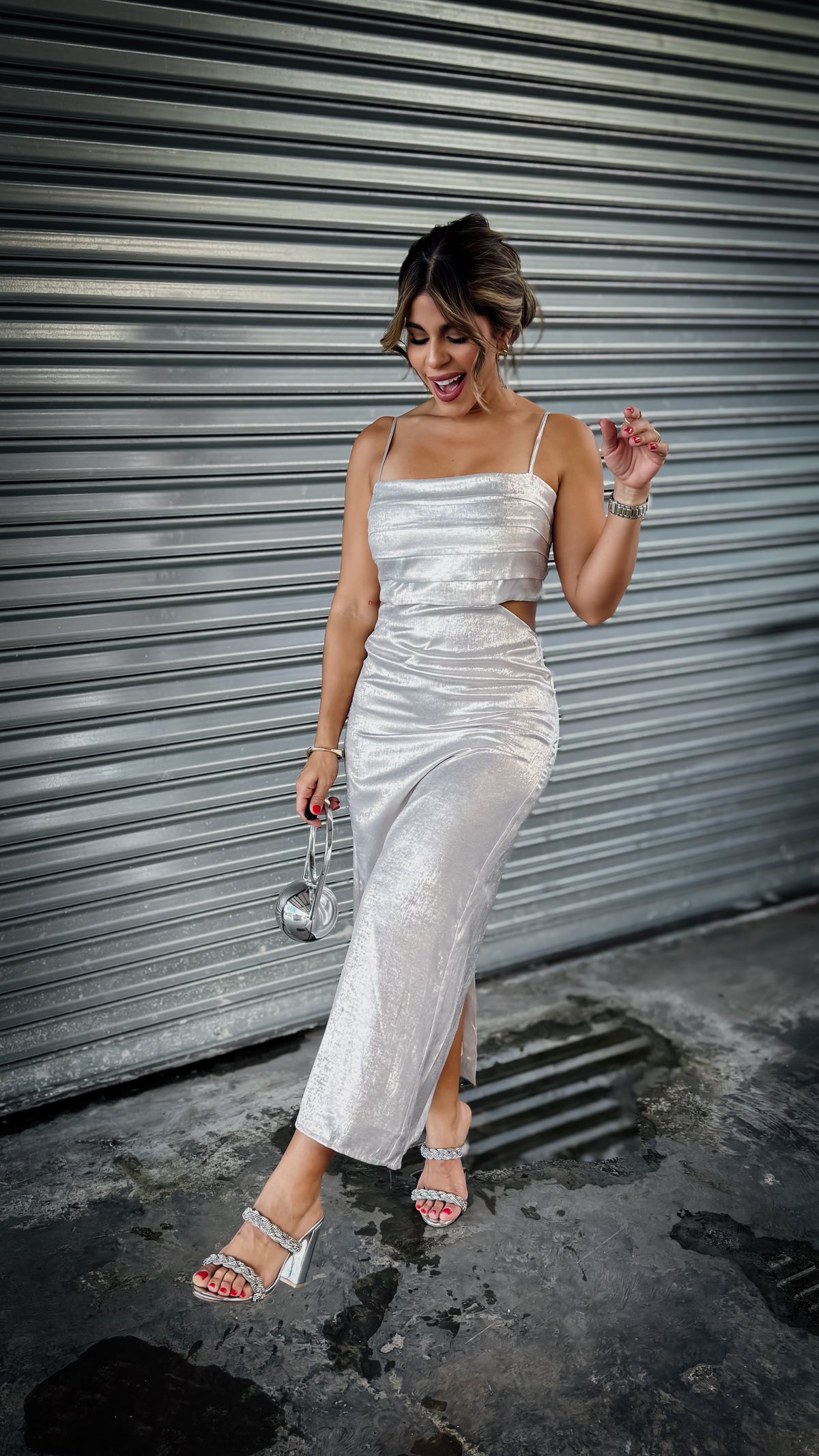 “STELLA” METALLIC MIDI DRESS WITH CUTOUTS