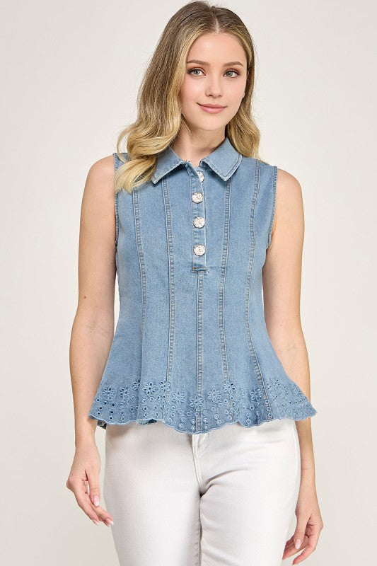 “LUNA” DENIM COLLARED SLEEVELESS PEPLUM TOP