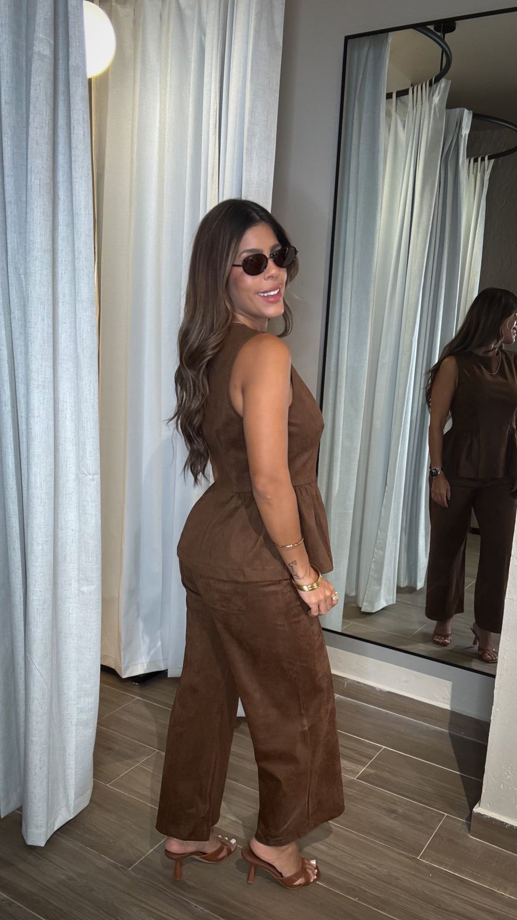 “VIVIANNE” FAUX SUEDE HIGH WAIST CROPPED PANTS AND SLEEVELESS PEPLUM TOP SET