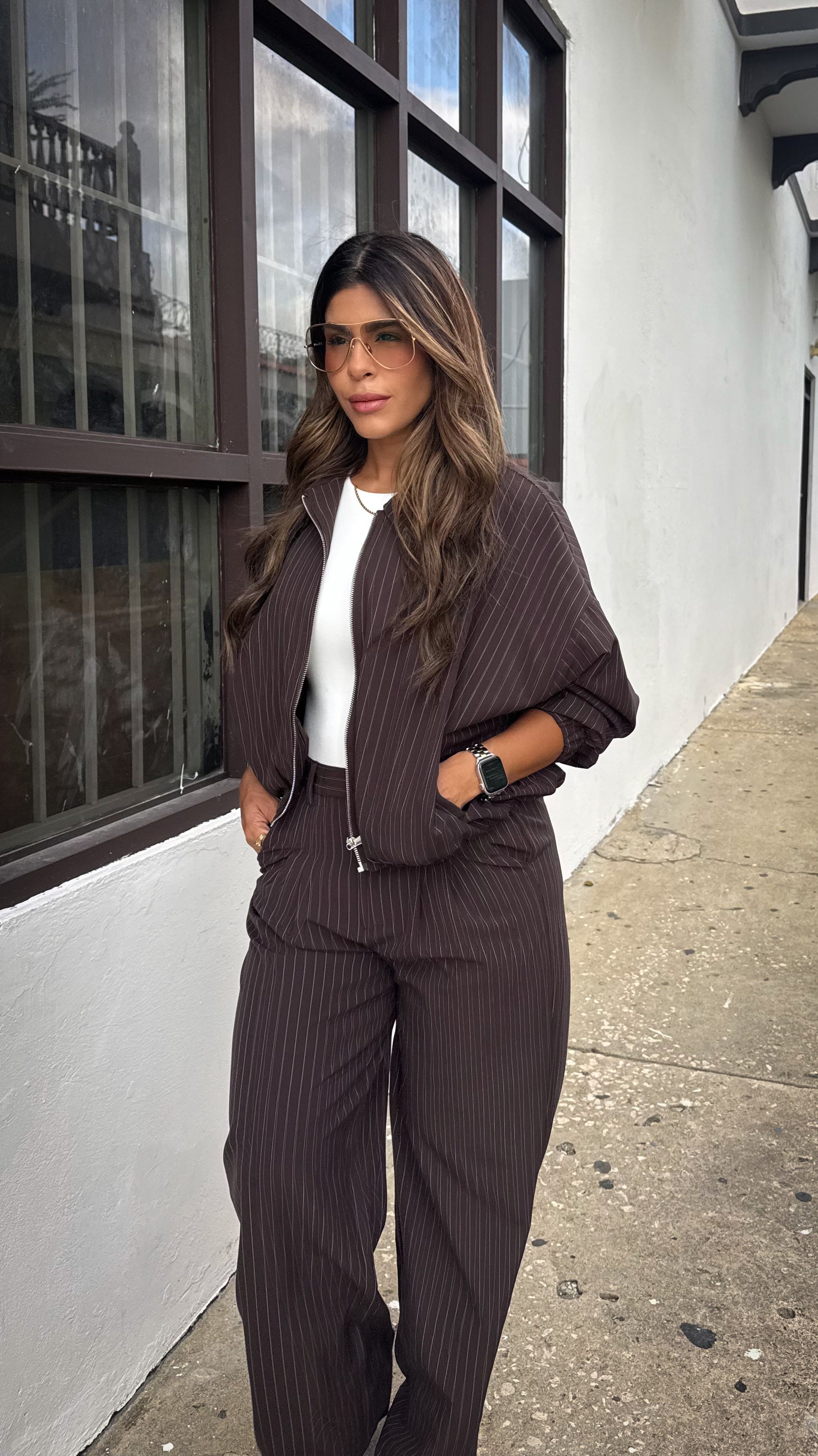 “FATIMA” PINSTRIPE BOMBER JACKET AND WIDE LEG PANT SET