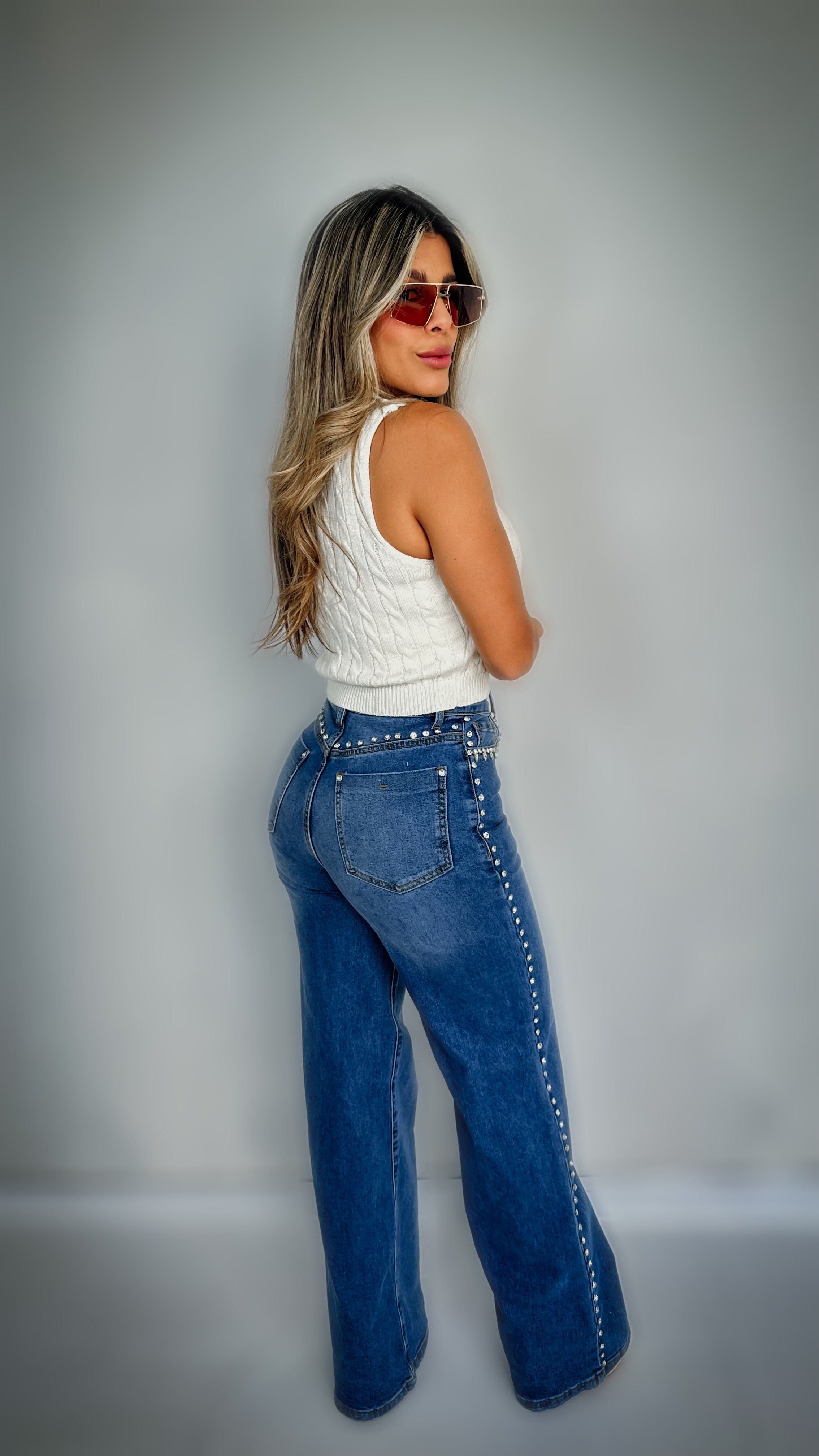 “KRYSTY” RHINESTONE DETAIL HIGH RISE WIDE LEG VIBRANT JEANS