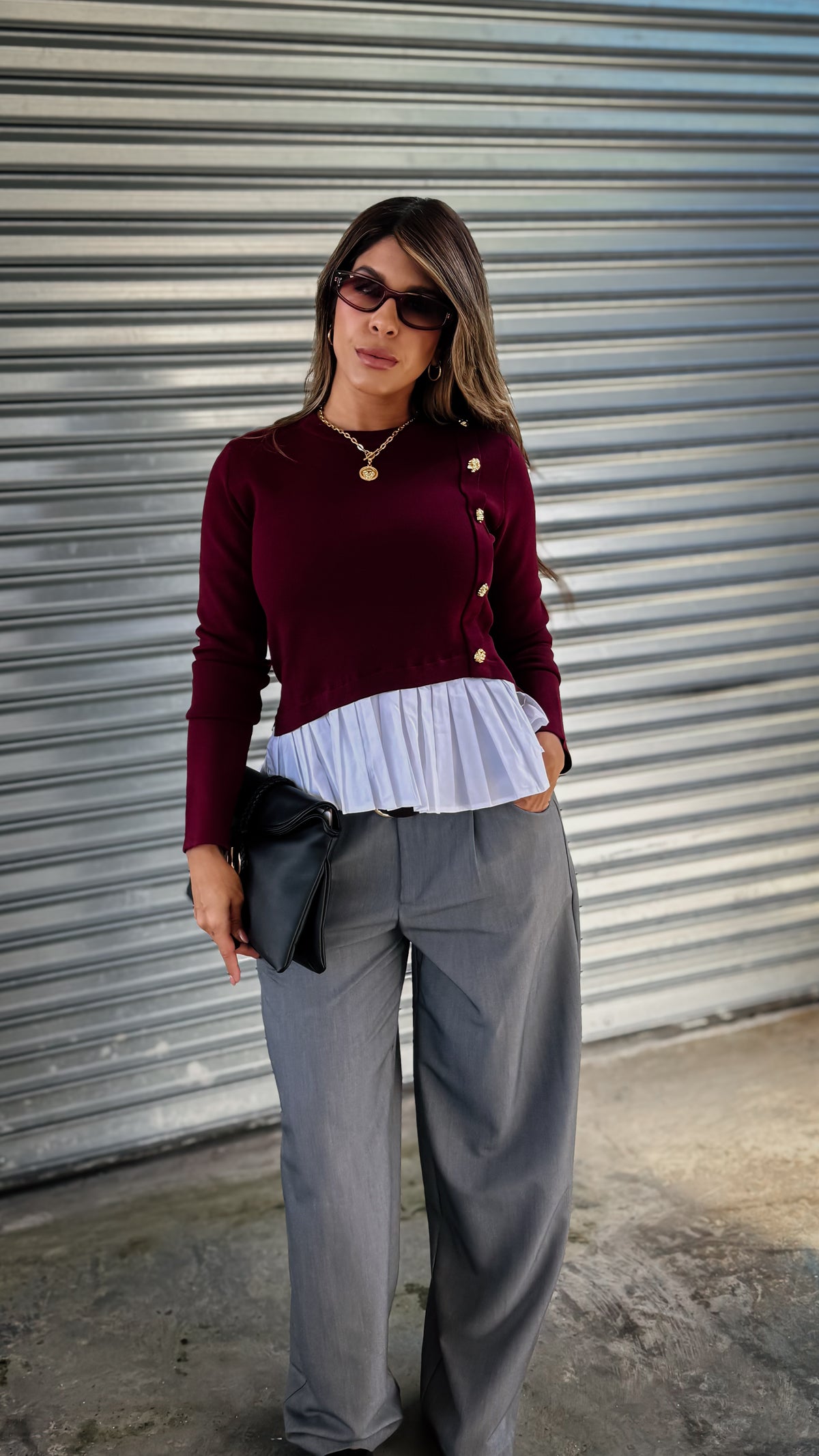 “EMMA” LAYERED LONG SLEEVE SWEATER TOP WINE