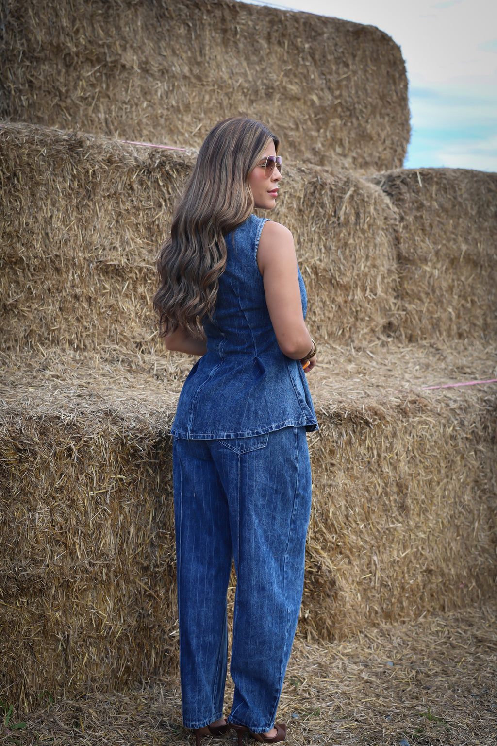 “ZURI” STRIPED DENIM PEPLUM TOP AND BARREL PANTS