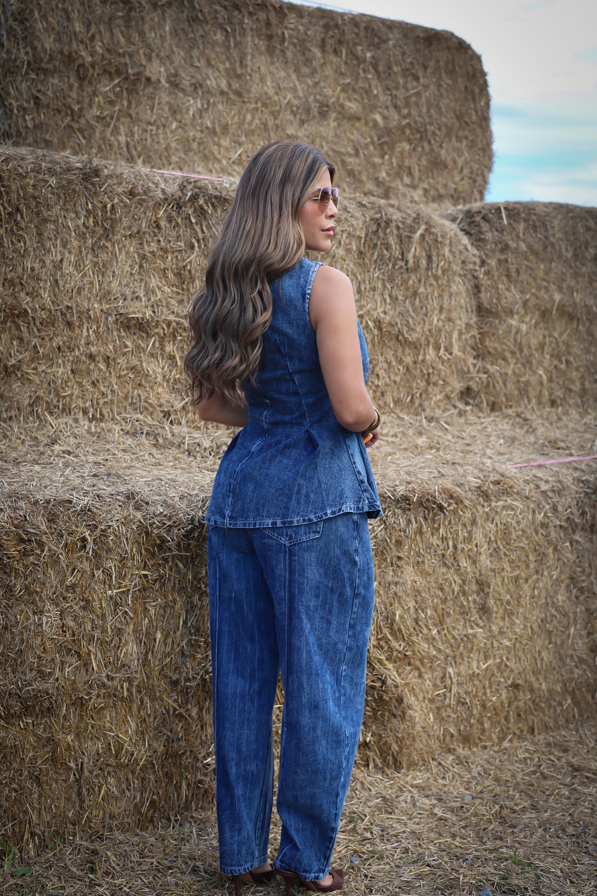 “ZURI” STRIPED DENIM PEPLUM TOP AND BARREL PANTS