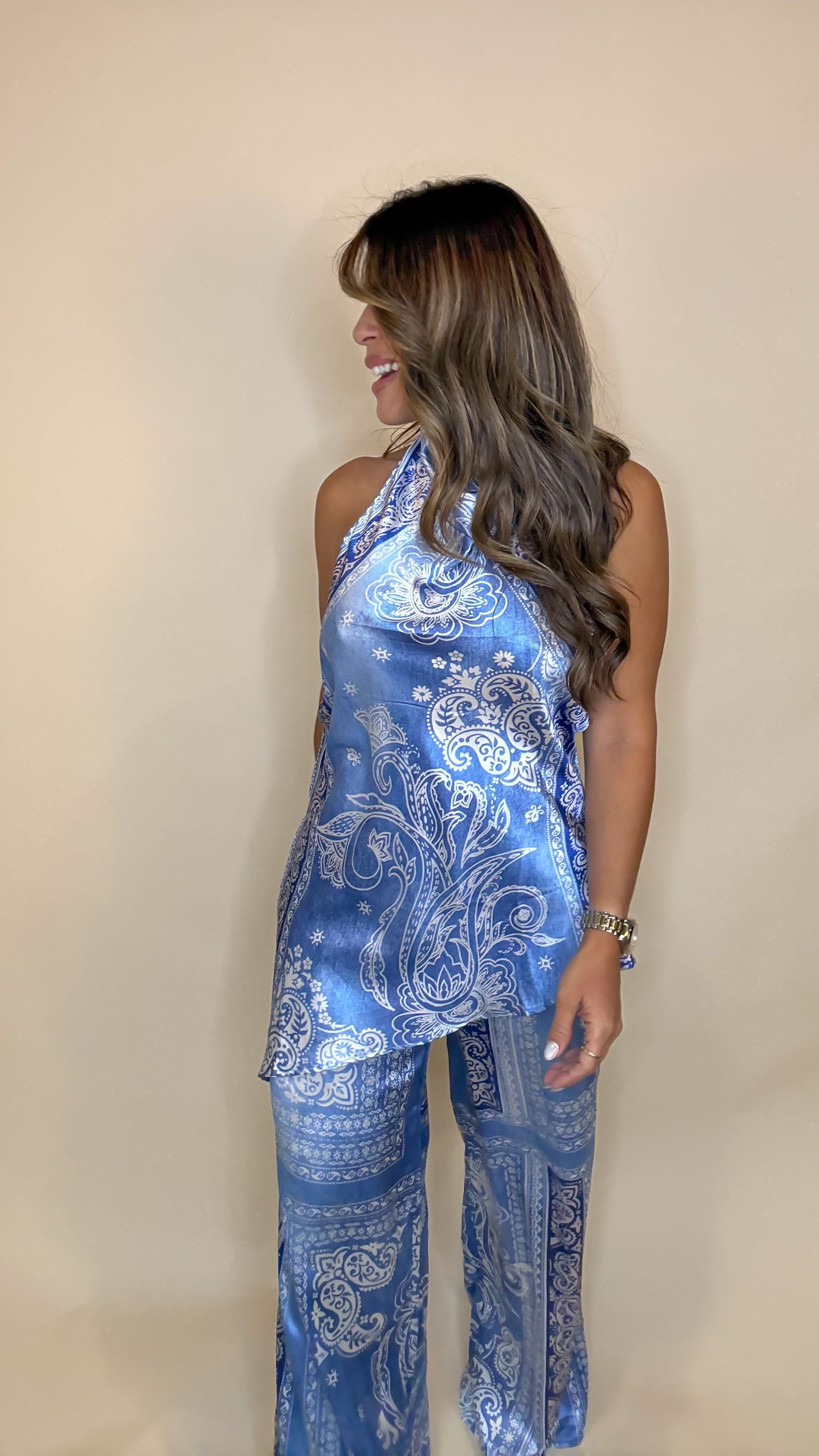 “MONIKA” PAISLEY HALTER TOP AND WIDE LEG PANT SET