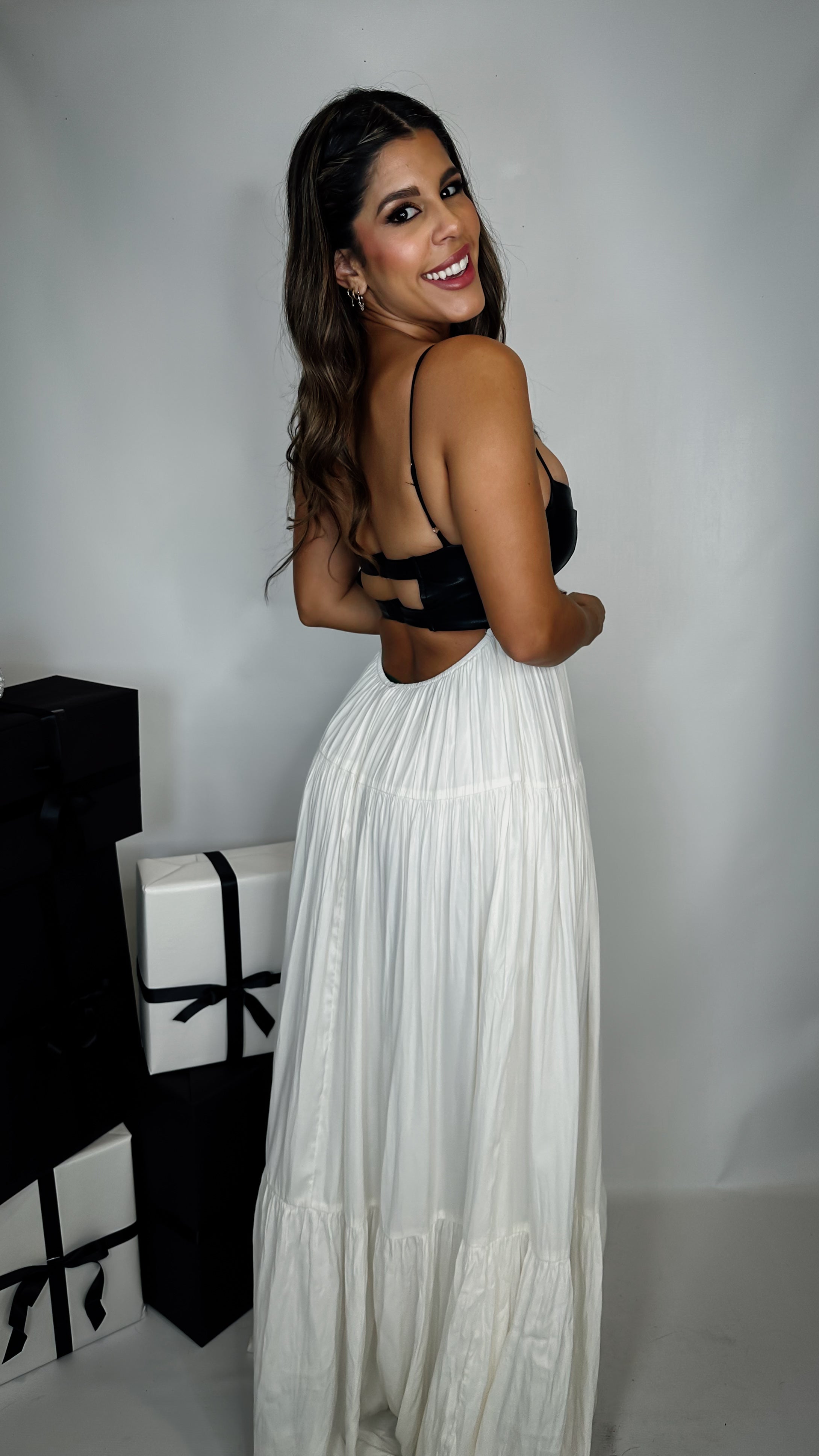 “FERNANDA” LEATHER BUST OPEN BACK MAXI DRESS