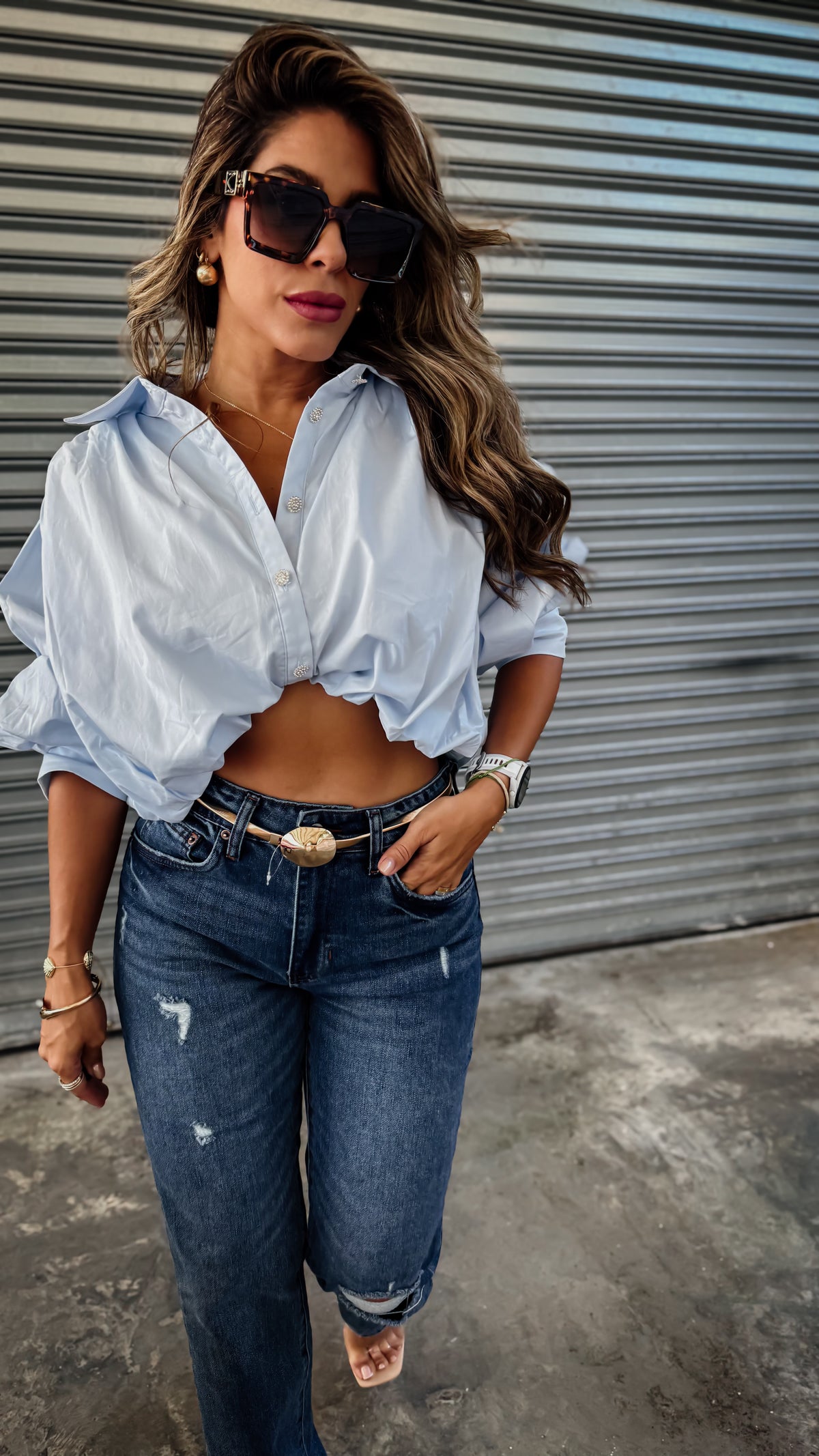 “NINA” ROUCHED SLEEVE COLLAR TOP BLUE AND YELLOW