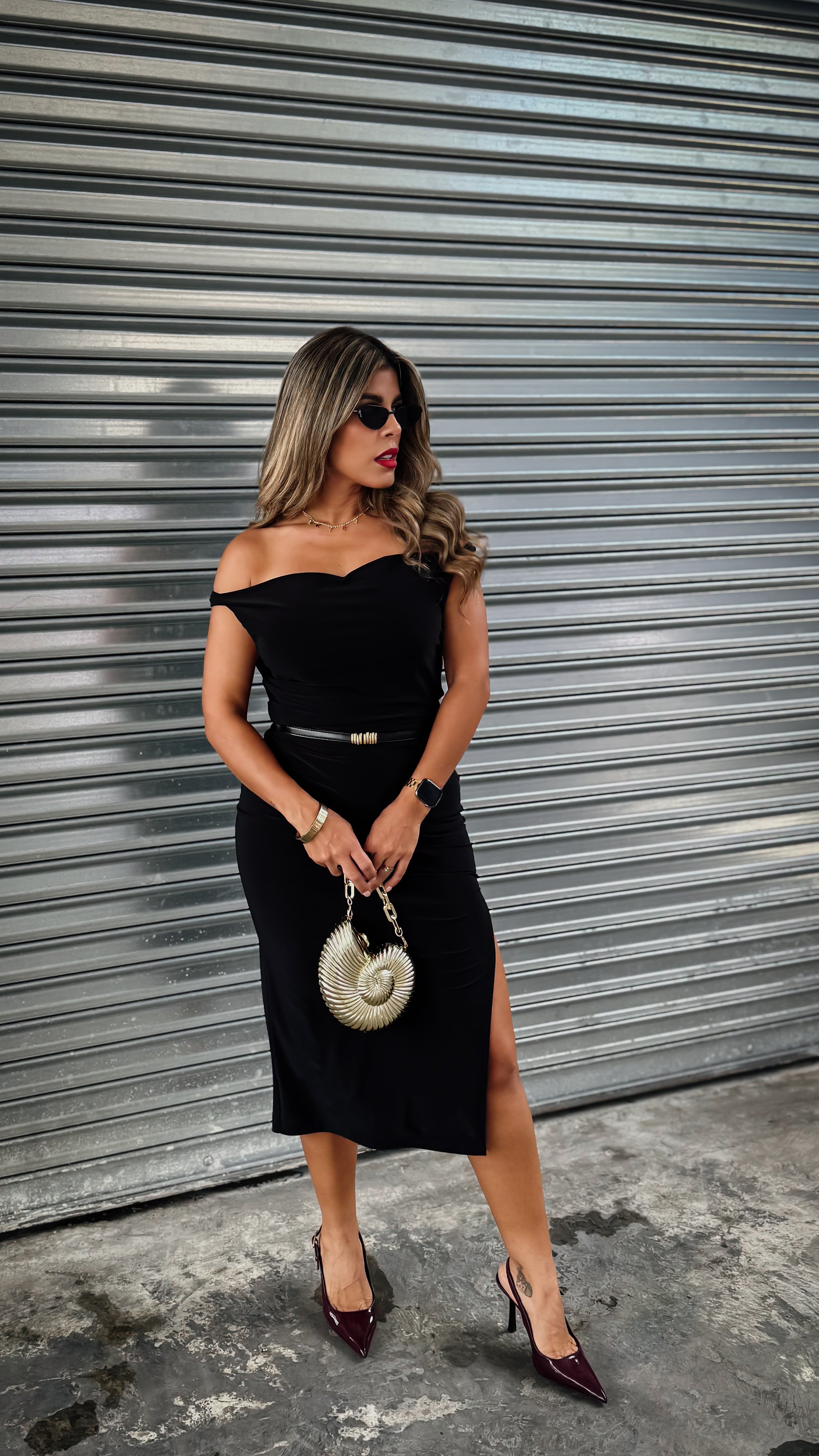 “COMMITTED” OFF SHOULDER/ COWL NECK MIDI DRESS