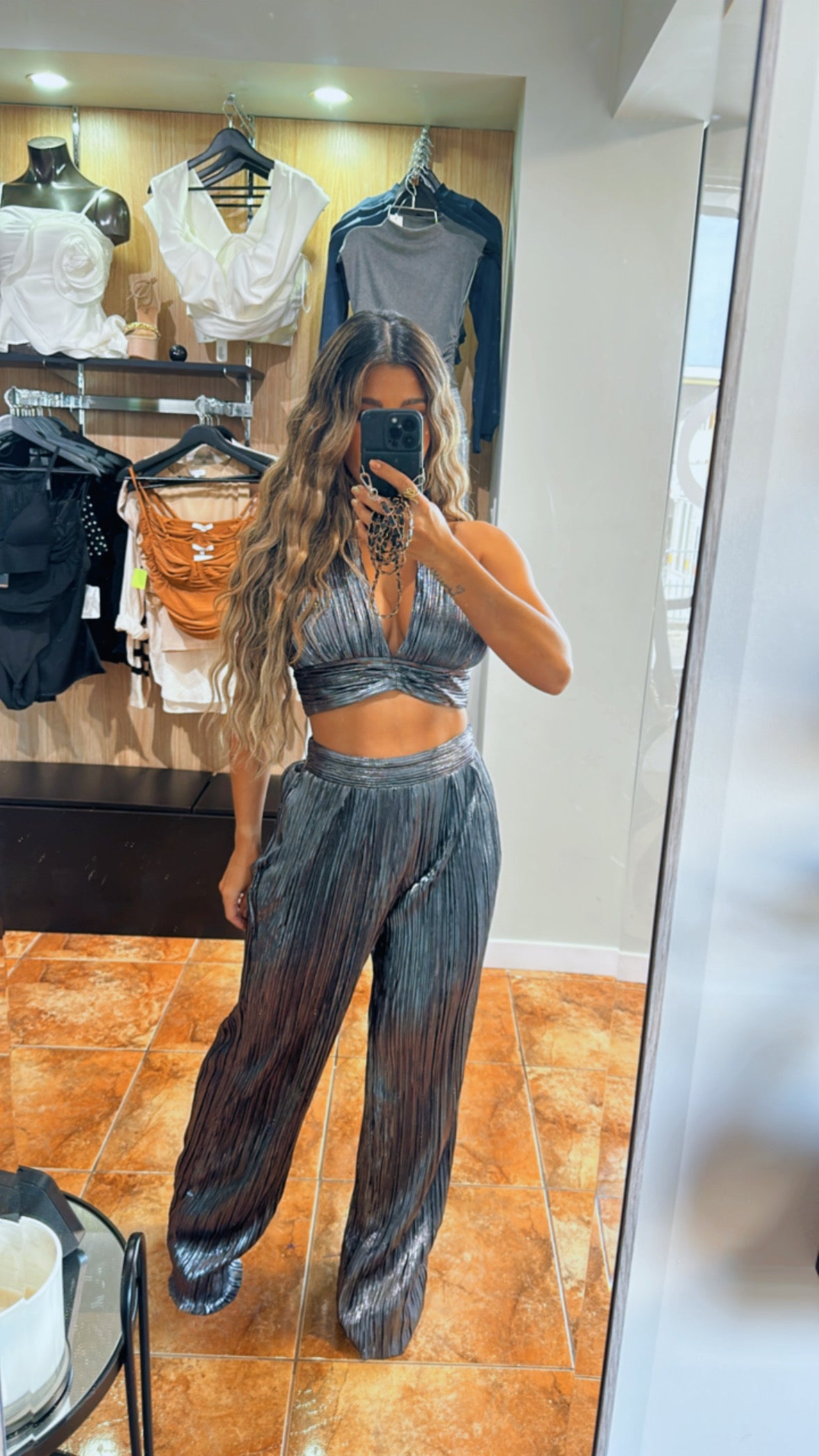 “JENNI” METALLIC HALTER NECK CROP TOP AND WIDE LEG PANTS SET