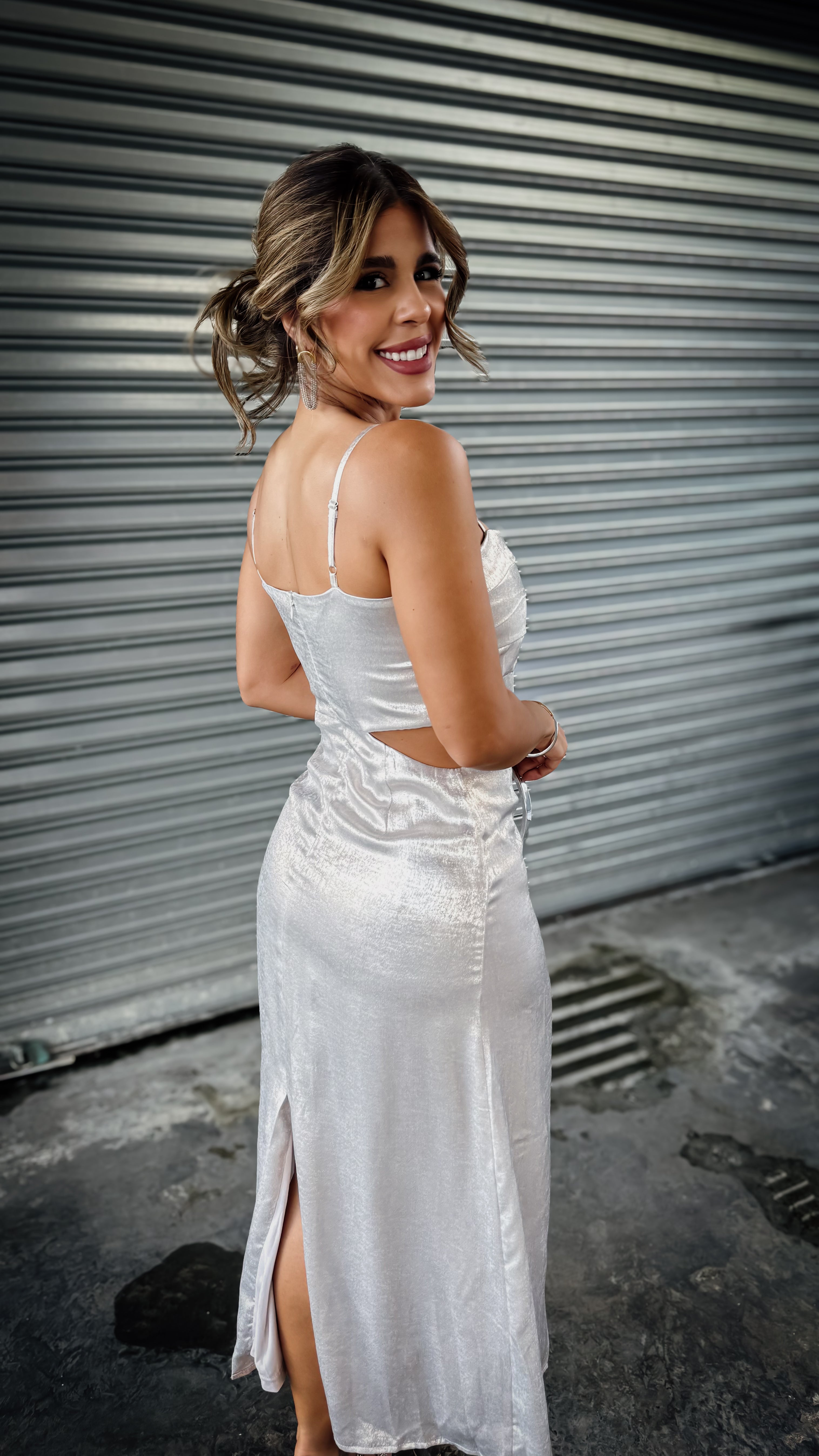 “STELLA” METALLIC MIDI DRESS WITH CUTOUTS