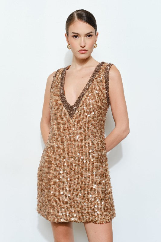 “HOLLY” LUXE SEQUINS TWO TONED V-NECK DRESS