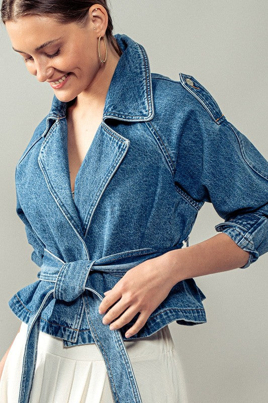 “TAMPA BAY” DENIM CROPPED TRENCH COAT