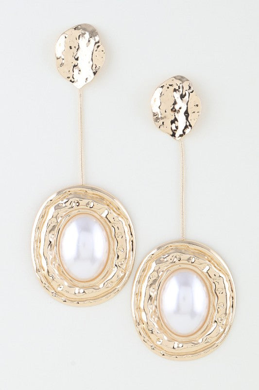 DROP HAMMERED WITH PEARL DETAIL EARRINGS